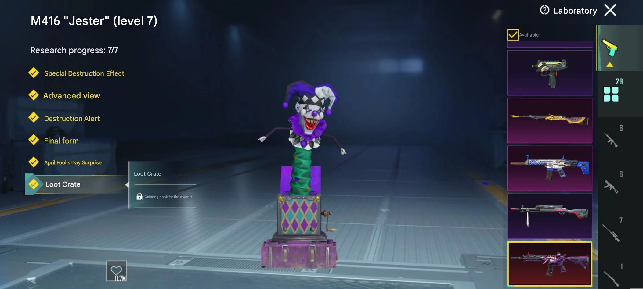 PGM285 CROW 4 STAR M416 JESTER FULL 3X GOLD COSTUME MANY KILL CHATS RAVEN JESTER MONARCH (G)